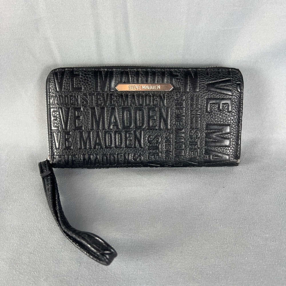 Steve Madden Black Embossed Logo Zip Around Wristlet Wallet